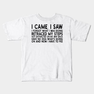 i came, i saw i forgot what i was doing retraced my steps got distracted on my way back have no idea what's going on and now i have to pee Kids T-Shirt